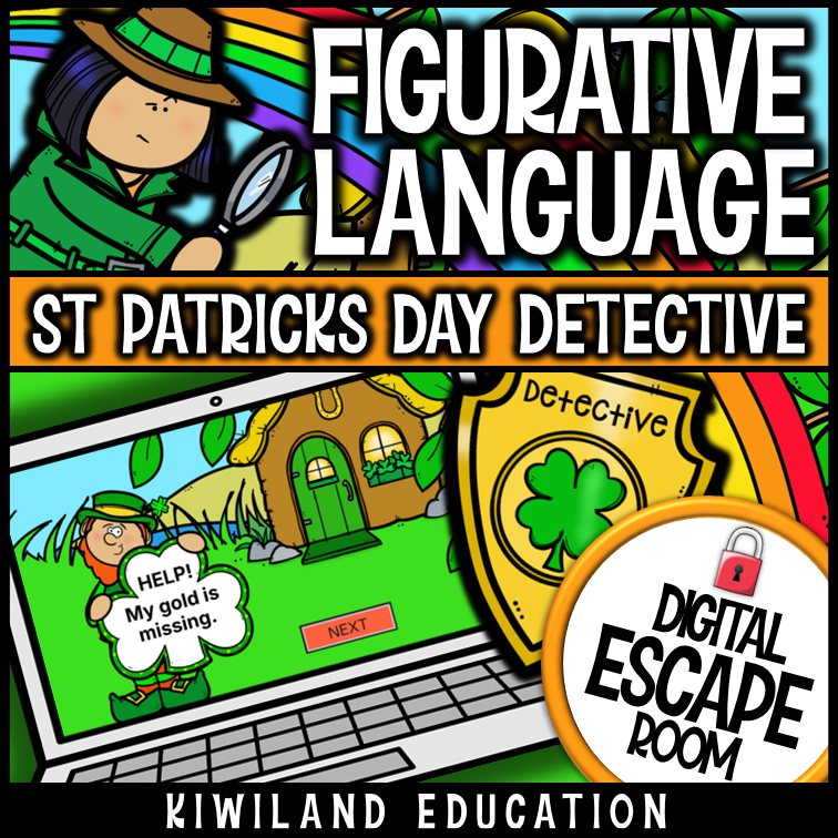 St Patrick's Day figurative language digital escape room cover, ELA grades 3–6