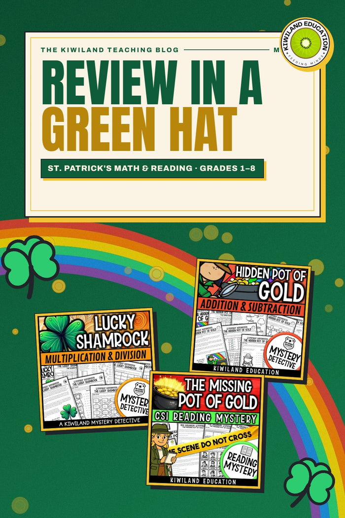 St. Patrick's Day math and reading activities pin: March review before testing, Kiwiland Education