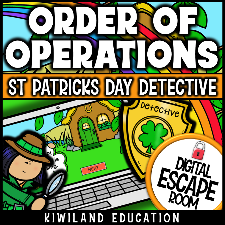 St Patrick's Day order of operations digital escape room cover, math grades 4–8