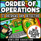 St Patrick's Day order of operations digital escape room cover, math grades 4–8