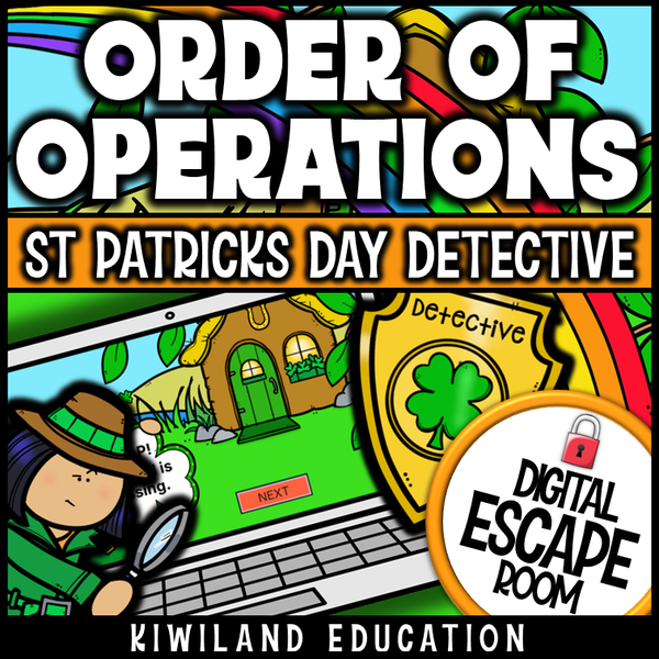 St Patrick's Day order of operations digital escape room cover, math grades 4–8