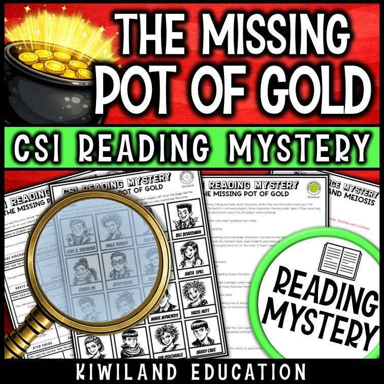 St Patrick's Day reading mystery comprehension questions worksheet with suspect line-up