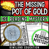 St Patrick's Day reading mystery comprehension questions worksheet with suspect line-up