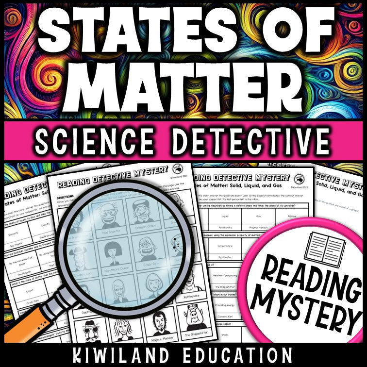 States of matter reading mystery comprehension questions worksheet with suspect line-up