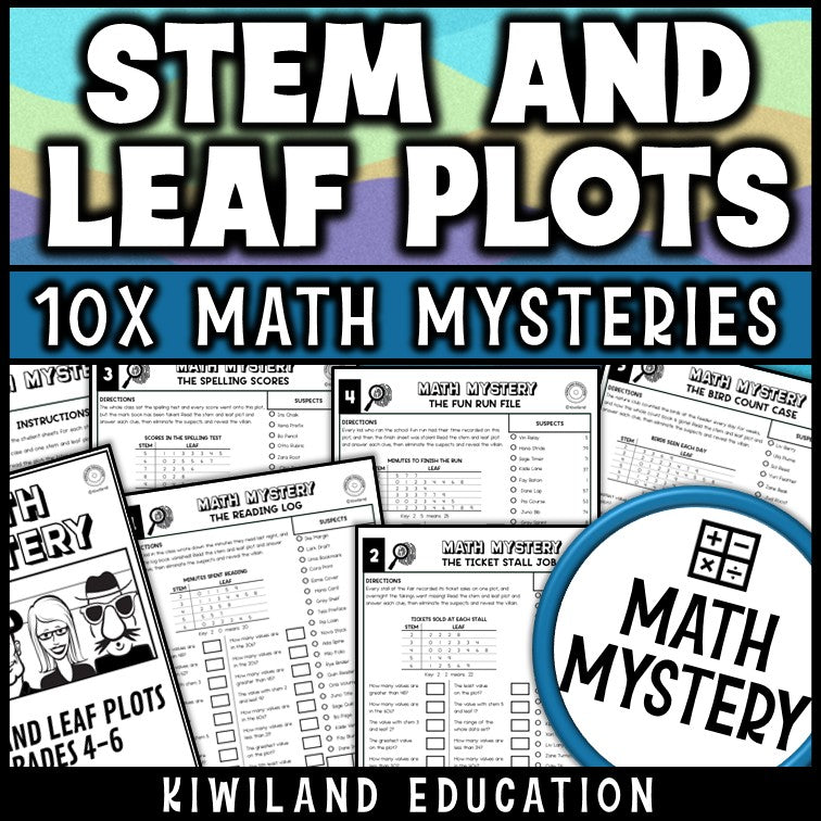 Stem and leaf plot worksheets math mystery for 4th 5th 6th grade, printable detective data pack