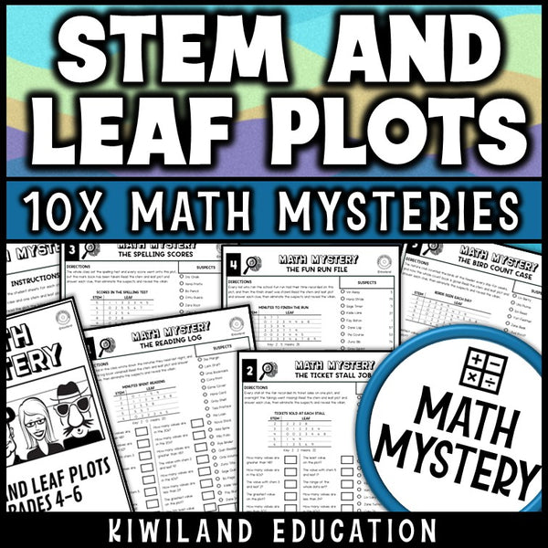 Stem and leaf plot worksheets math mystery for 4th 5th 6th grade, printable detective data pack