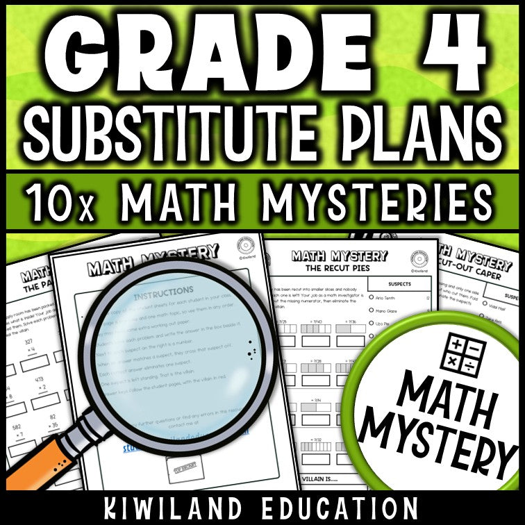 Substitute teacher plans for grade 4 math, self checking detective worksheets for the sub tub