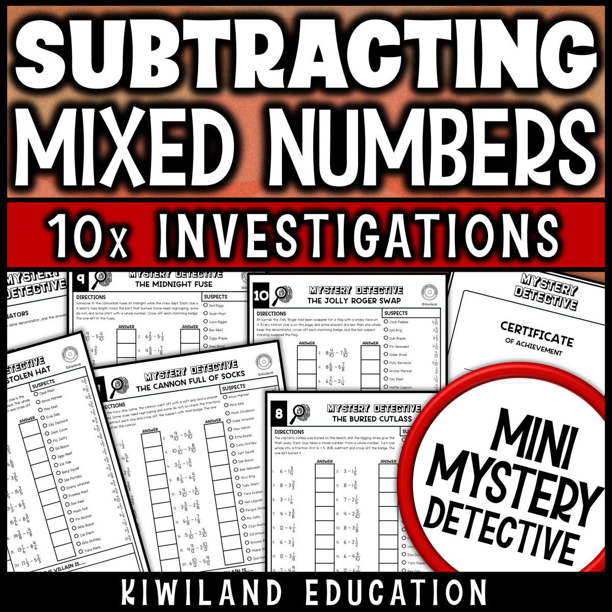 Subtracting fractions and mixed numbers practice pages with like denominators, including whole numbers minus mixed numbers, with a certificate of achievement