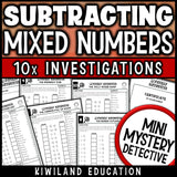 Subtracting fractions and mixed numbers practice pages with like denominators, including whole numbers minus mixed numbers, with a certificate of achievement