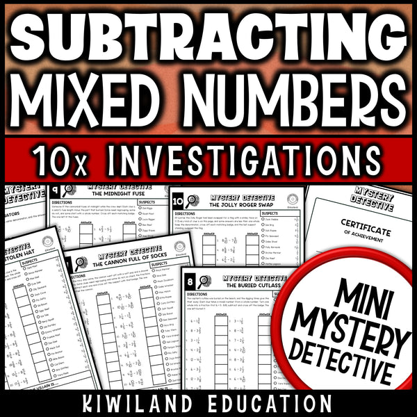 Subtracting fractions and mixed numbers practice pages with like denominators, including whole numbers minus mixed numbers, with a certificate of achievement