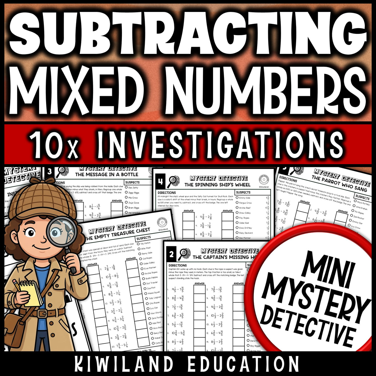 Subtracting mixed numbers with regrouping worksheets for 4th grade math, ten no prep pirate detective cases with fractions