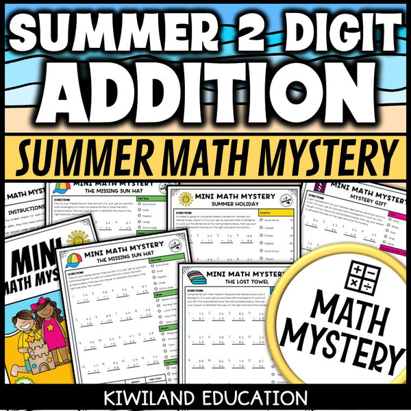 Summer 2-digit addition with regrouping math mystery worksheets cover