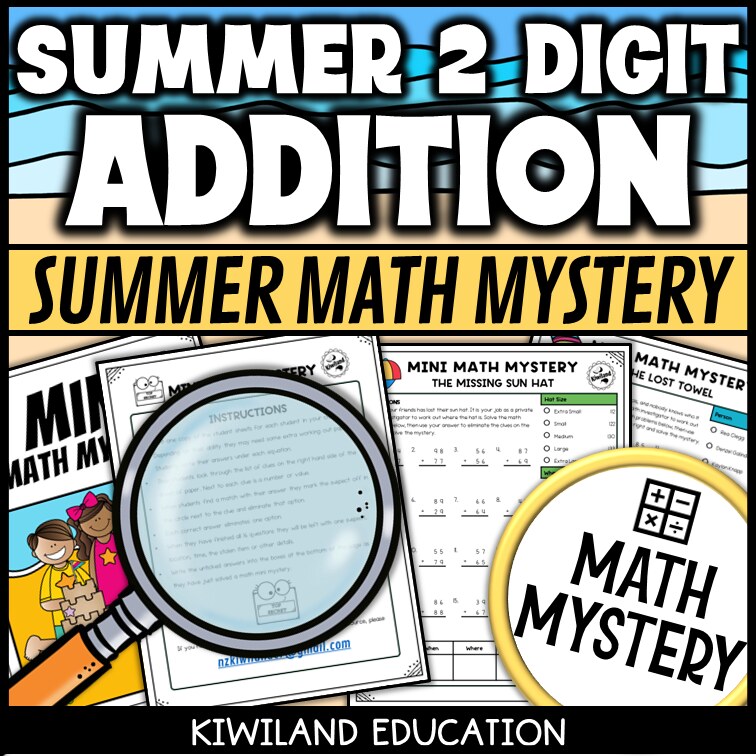 Summer 2-digit addition math mystery worksheet sample page