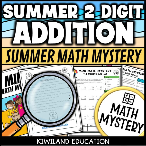 Summer 2-digit addition math mystery worksheet sample page