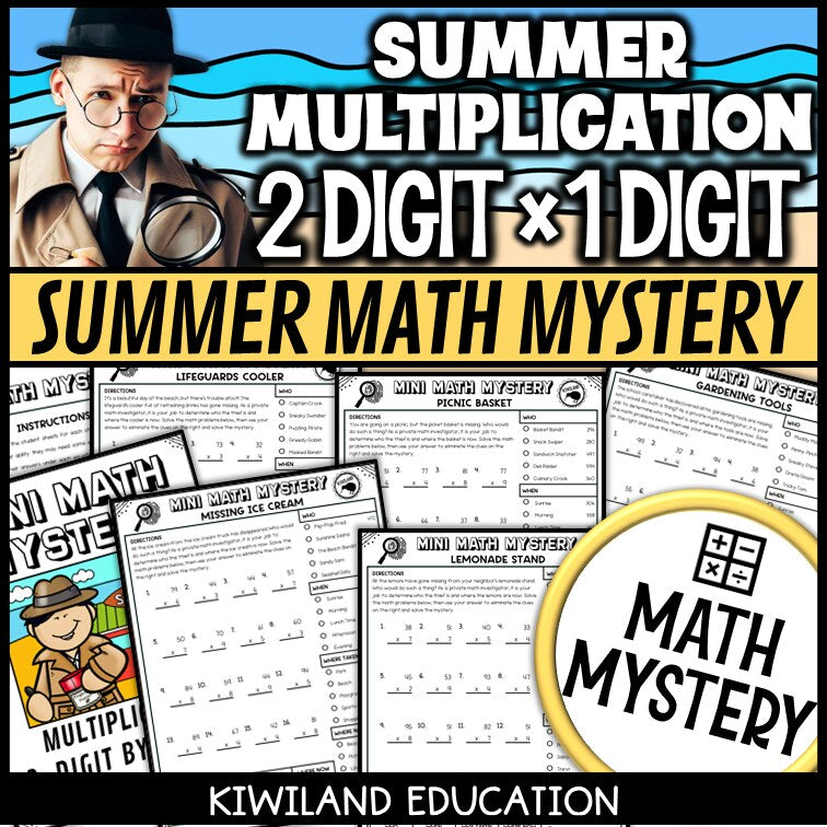 Summer 2-digit by 1-digit multiplication math mystery worksheets cover