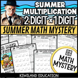 Summer 2-digit by 1-digit multiplication math mystery worksheets cover