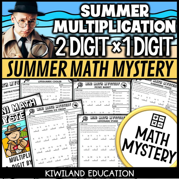 Summer 2-digit by 1-digit multiplication math mystery worksheets cover