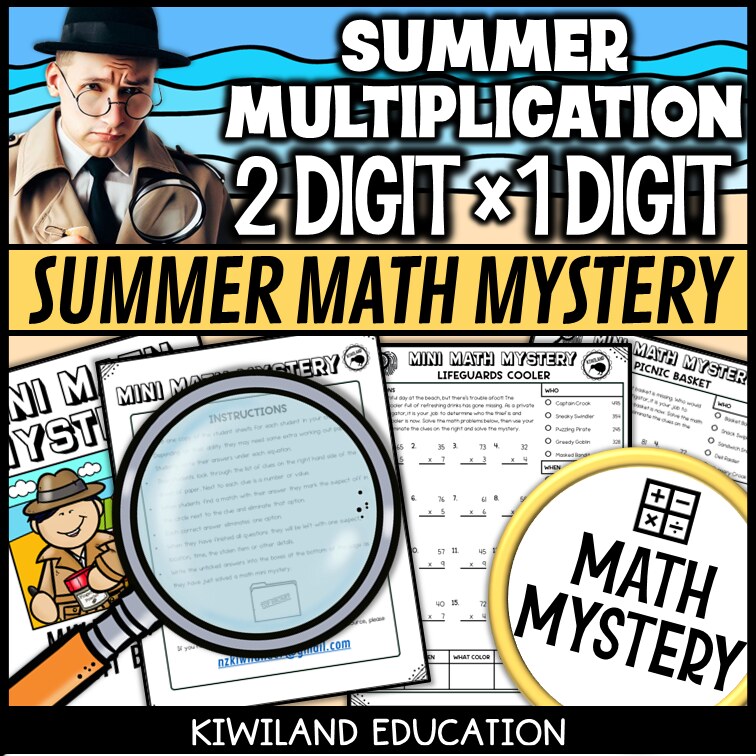 Summer 2-digit by 1-digit multiplication math mystery worksheet sample page