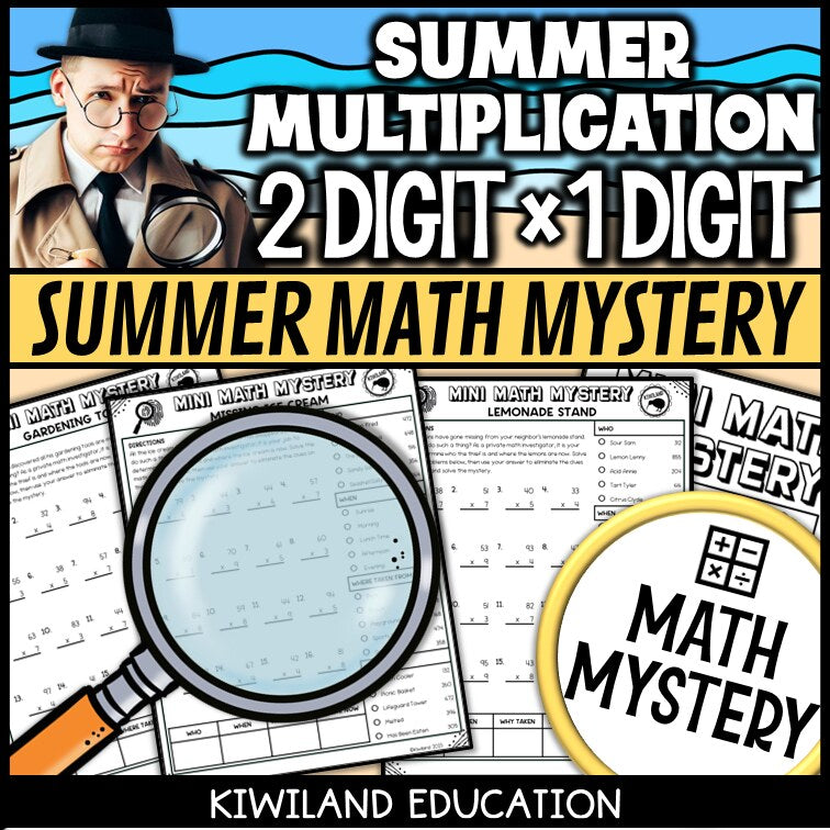Summer 2-digit by 1-digit multiplication math mystery answer key