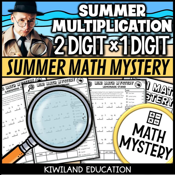 Summer 2-digit by 1-digit multiplication math mystery answer key