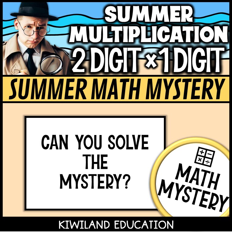 Summer 2-digit by 1-digit multiplication math mystery activity preview