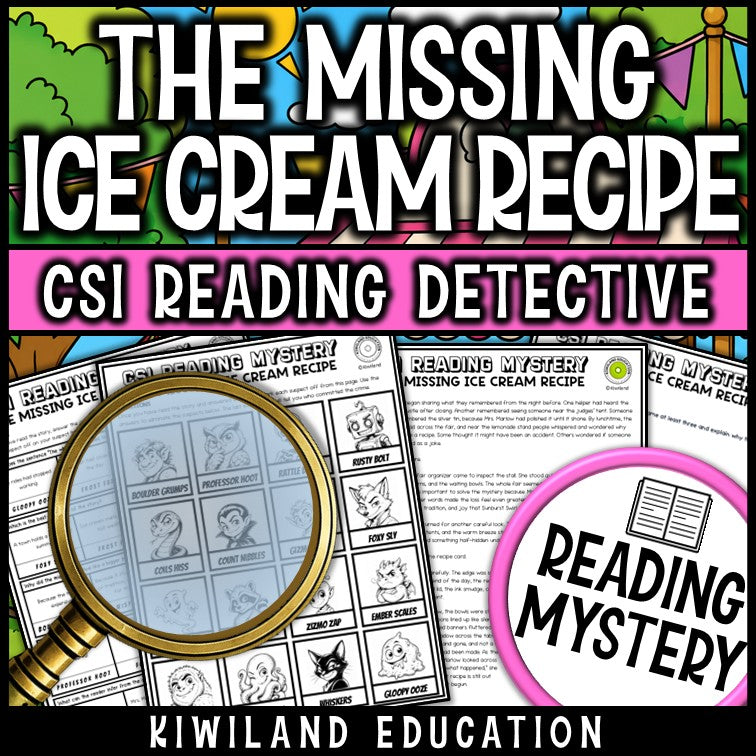 Reading comprehension questions and suspect lineup - ice cream reading mystery activity