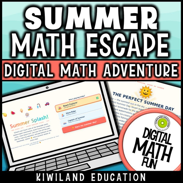 Summer math digital escape room cover for grades 3-5 end of year review game