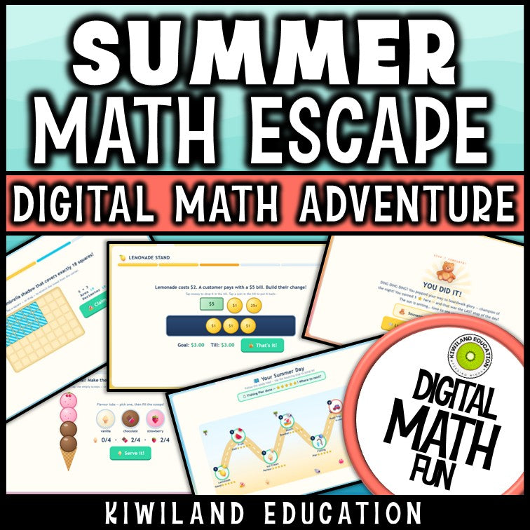 Summer math game showing money, fractions and area puzzles for grades 3-5