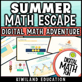 Summer math game showing money, fractions and area puzzles for grades 3-5