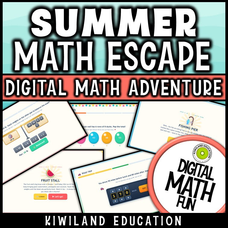 Summer math digital escape room with multiplication, division and word problem challenges