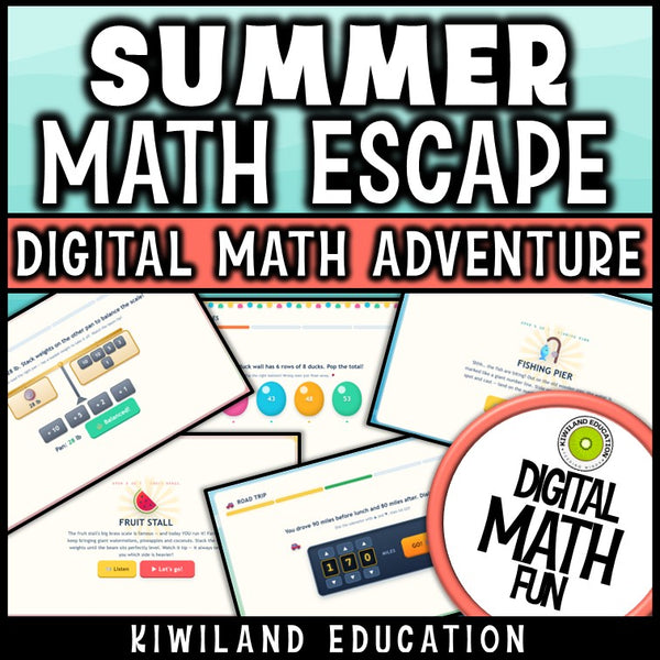 Summer math digital escape room with multiplication, division and word problem challenges