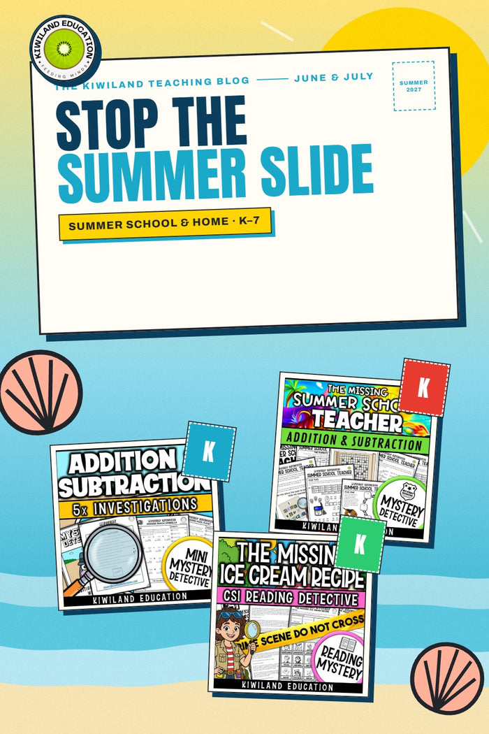 Summer activities pin: stop the summer slide for summer school, home and the last week, Kiwiland Education