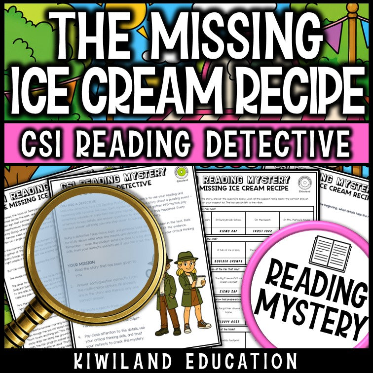 Summer reading comprehension passage and detective instructions - ice cream reading mystery