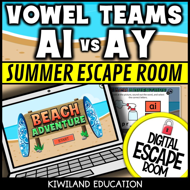 Vowel Teams AI & AY Summer Digital Escape Room | ELA Activity | Grades 1–2