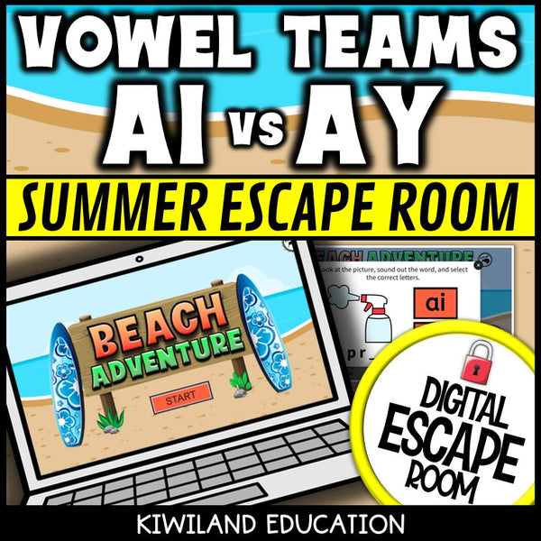 Vowel Teams AI & AY Summer Digital Escape Room | ELA Activity | Grades 1–2
