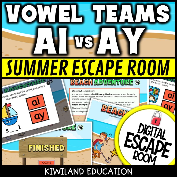 Vowel Teams AI & AY Summer Digital Escape Room | ELA Activity | Grades 1–2