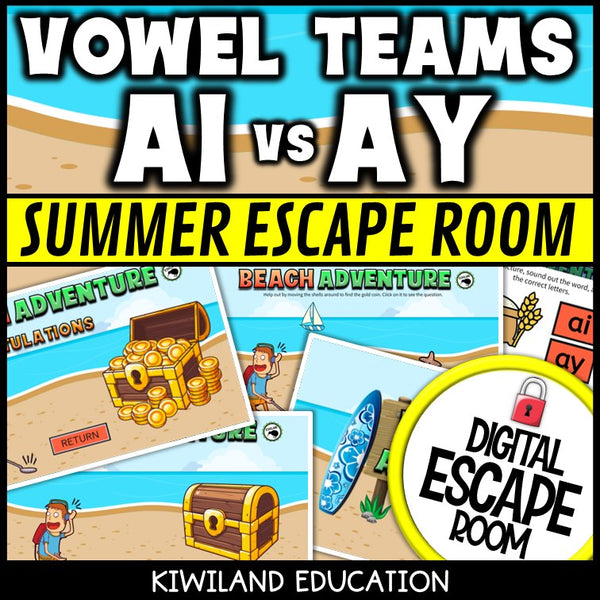 Vowel Teams AI & AY Summer Digital Escape Room | ELA Activity | Grades 1–2