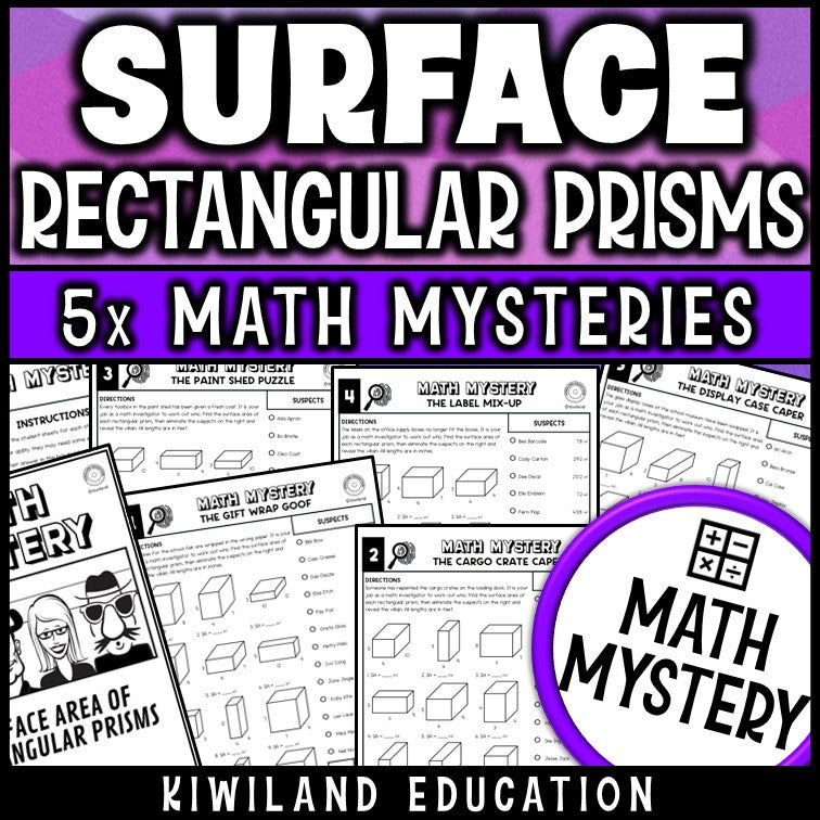 Surface area of rectangular prisms worksheets for 6th and 7th grade, printable math mystery pack