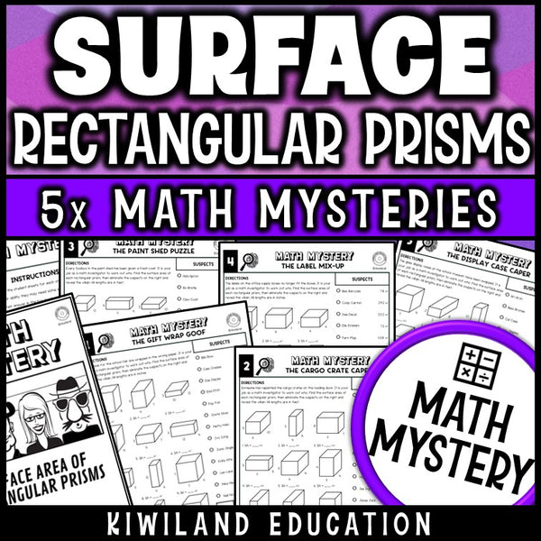Surface area of rectangular prisms worksheets for 6th and 7th grade, printable math mystery pack