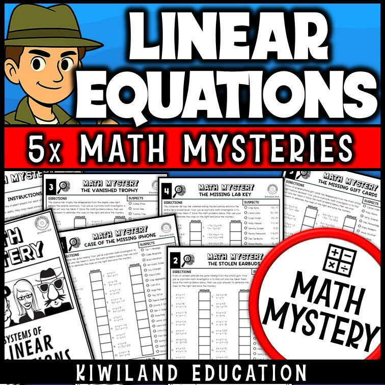 Systems of linear equations Math Mystery worksheets, detective cover for algebra grades 8-9