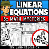 Systems of linear equations Math Mystery worksheets, detective cover for algebra grades 8-9