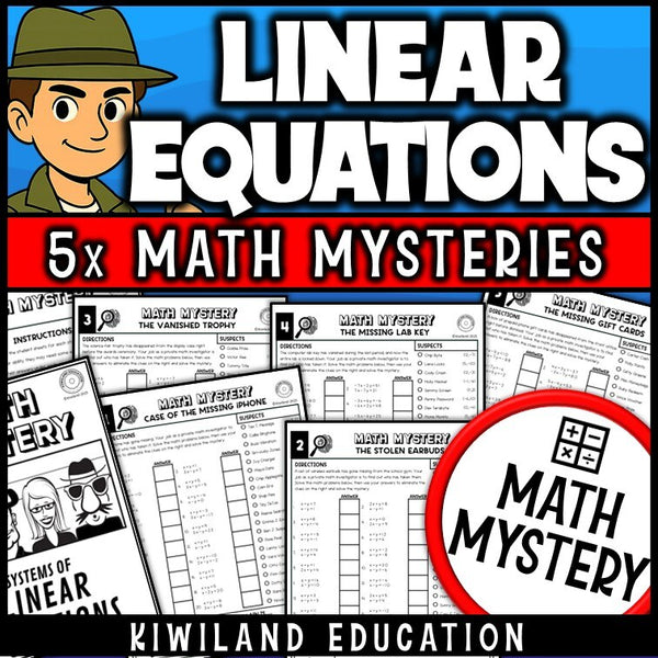 Systems of linear equations Math Mystery worksheets, detective cover for algebra grades 8-9
