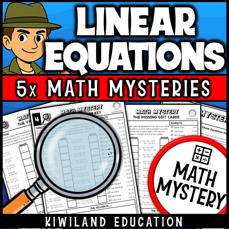 Suspect line-up page for solving systems of linear equations, detective mystery