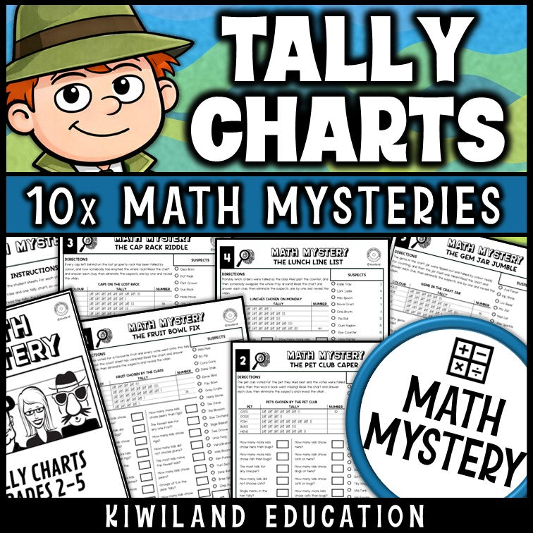 Tally chart math mystery worksheets for grades 2 3 4 5, no prep printable data detective pack