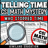 Analog to digital time and 15-minute interval pages - Who Stopped Time math mystery