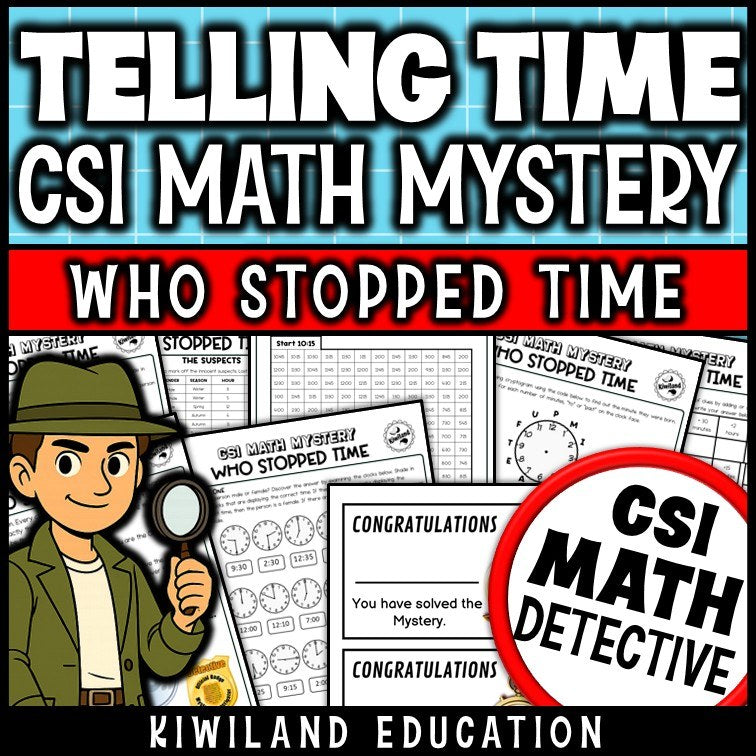 Telling Time CSI Math Mystery cover - Who Stopped Time, Grades 3-5 printable PDF