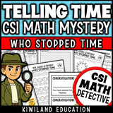 Telling Time CSI Math Mystery cover - Who Stopped Time, Grades 3-5 printable PDF
