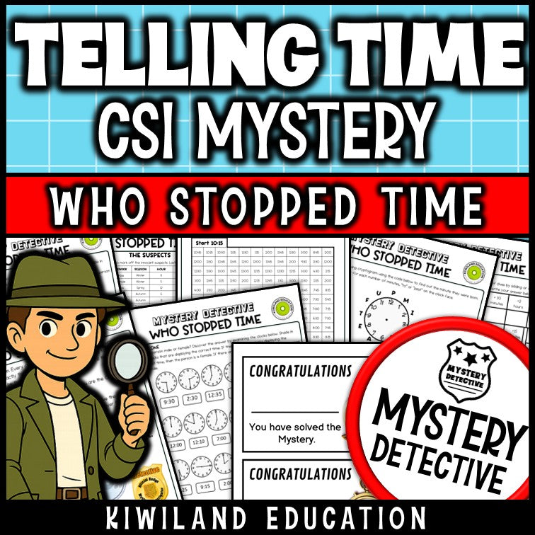Telling time mystery detective hour half hour 5 minutes grades 3-5