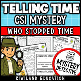 Telling time mystery detective hour half hour 5 minutes grades 3-5