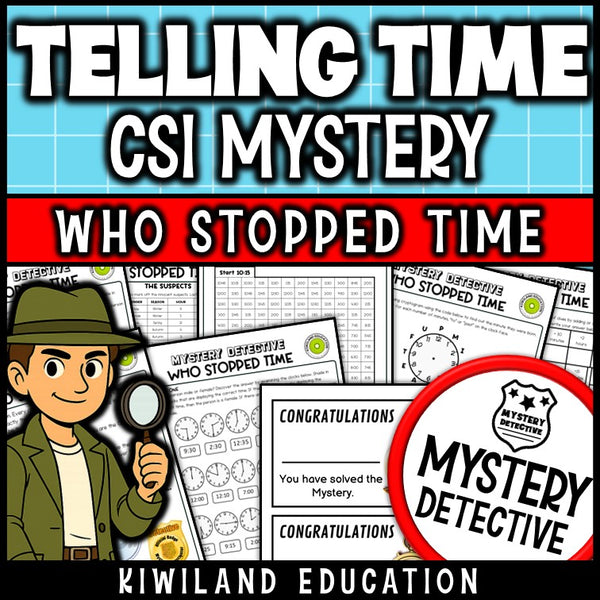 Telling time mystery detective hour half hour 5 minutes grades 3-5